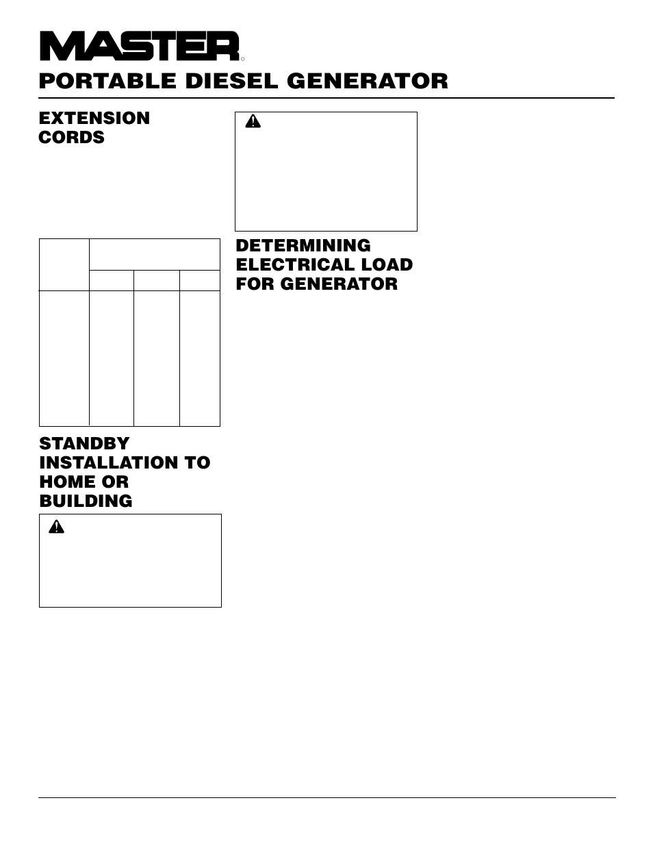 Portable diesel generator, Standby installation to home or building, Determining electrical load for generator | Extension cords | Master Lock MGY5000C User Manual | Page 8 / 20