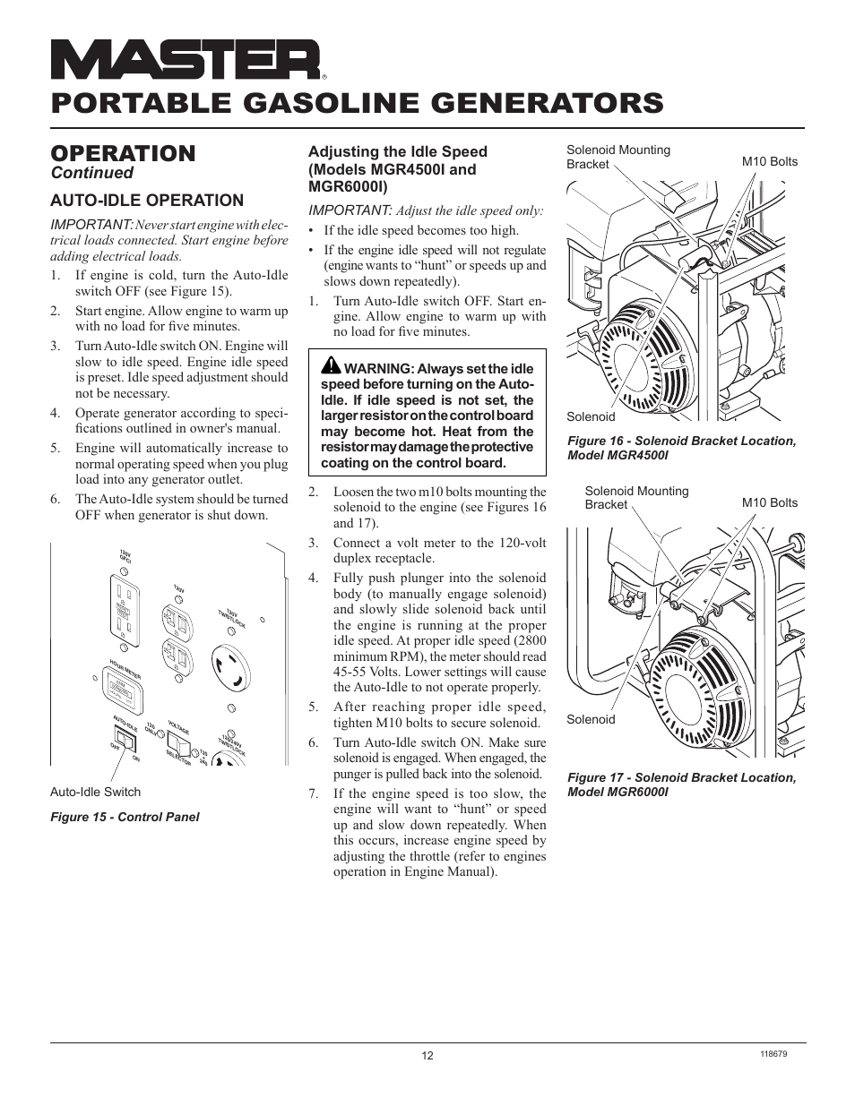 Portable gasoline generators, Operation, Continued auto-idle operation | Master Lock MGR2900A User Manual | Page 12 / 24