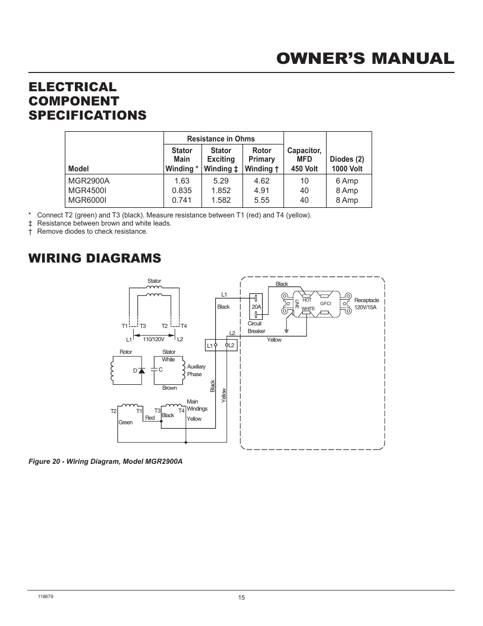 Owner’s manual, Wiring diagrams, Electrical component specifications | Master Lock MGR2900A User Manual | Page 15 / 24