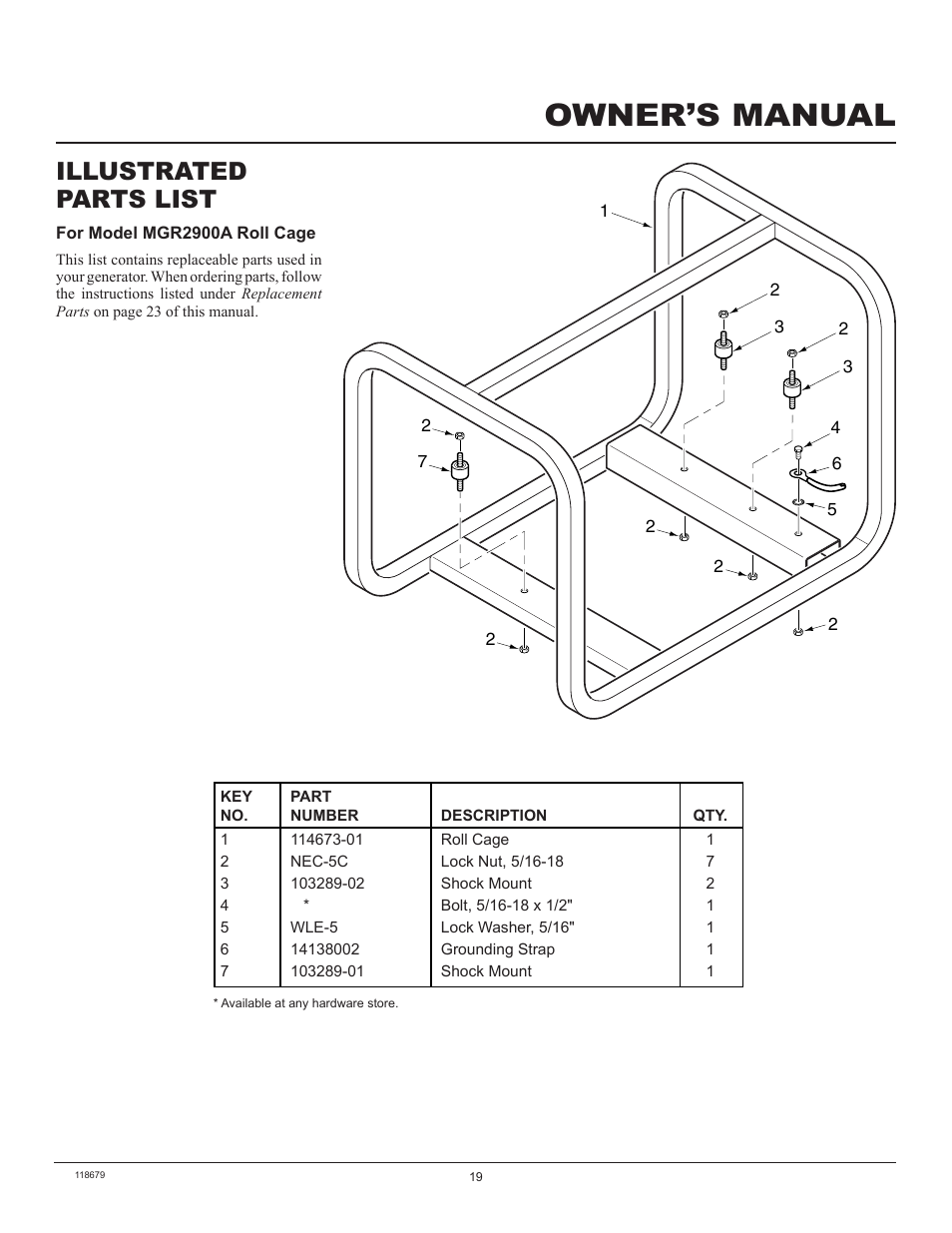 Owner’s manual, Illustrated parts list | Master Lock MGR2900A User Manual | Page 19 / 24