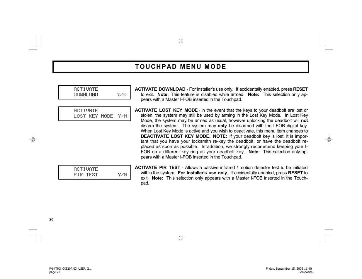 Activate download y/n, Activate lost key mode y/n, Activate pir test y/n | Master Lock F-64TPG User Manual | Page 20 / 40