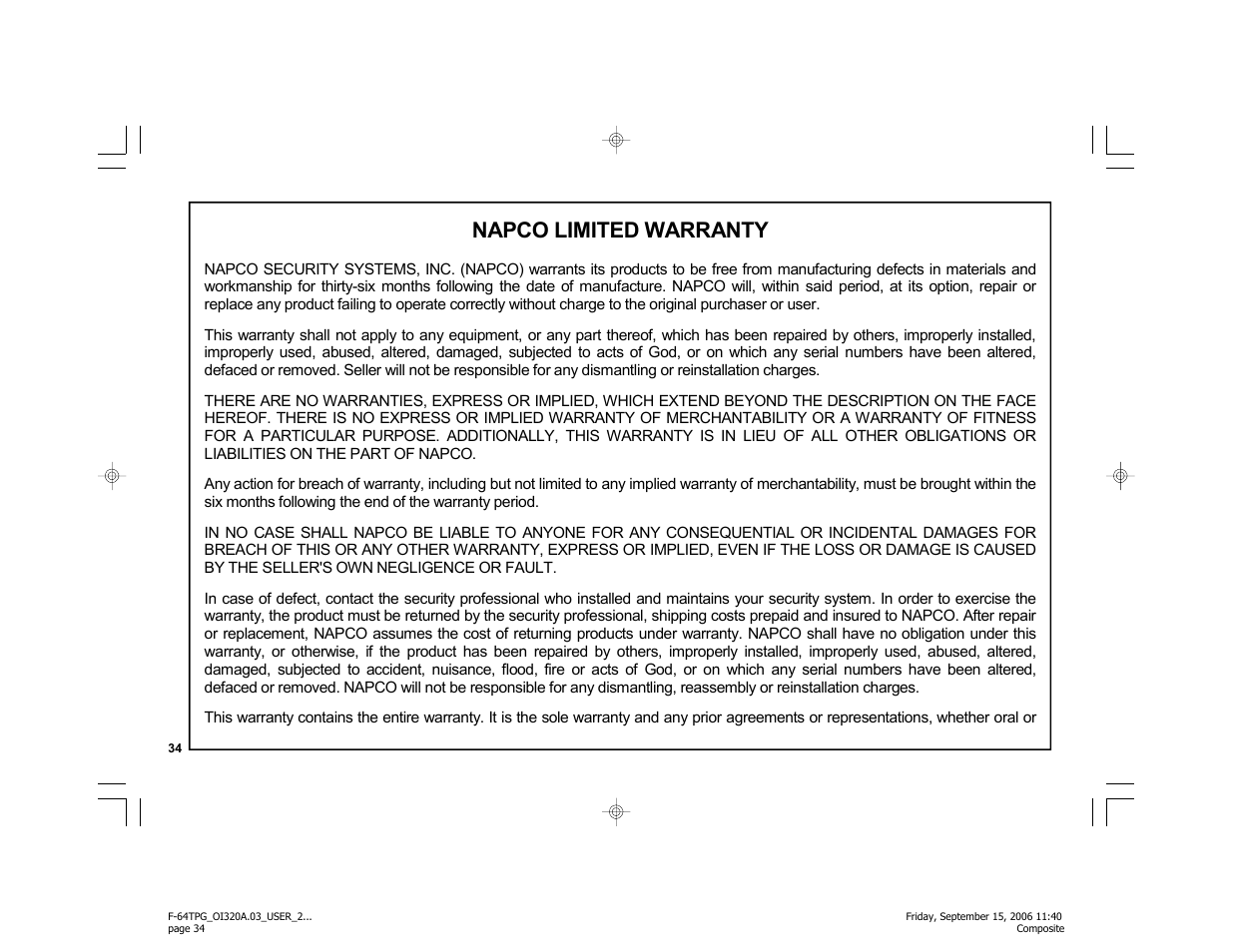 Napco limited warranty | Master Lock F-64TPG User Manual | Page 34 / 40