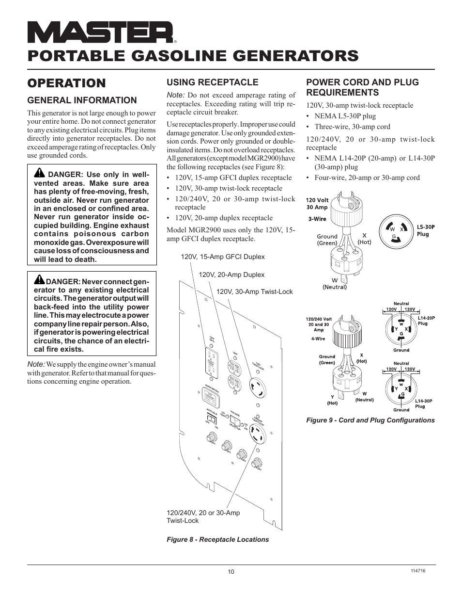 Portable gasoline generators, Operation, General information | Power cord and plug requirements, Using receptacle, Figure 9 - cord and plug conﬁgurations | Master Lock MGR2900 User Manual | Page 10 / 24