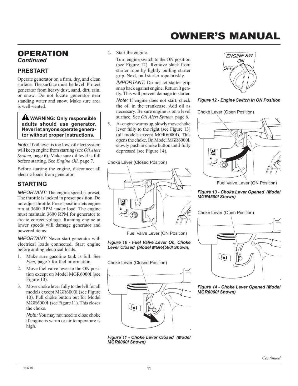 Owner’s manual, Operation, Continued | Starting, Prestart | Master Lock MGR2900 User Manual | Page 11 / 24