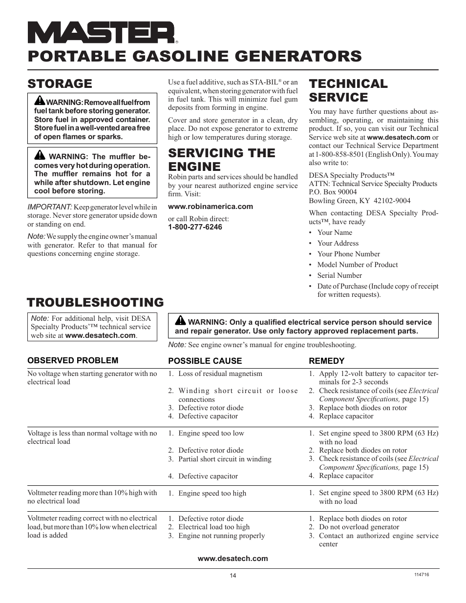 Portable gasoline generators, Troubleshooting, Storage | Servicing the engine, Technical service | Master Lock MGR2900 User Manual | Page 14 / 24