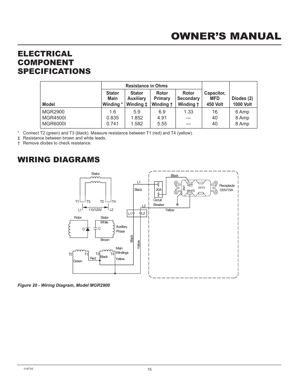Owner’s manual, Wiring diagrams, Electrical component specifications | Master Lock MGR2900 User Manual | Page 15 / 24