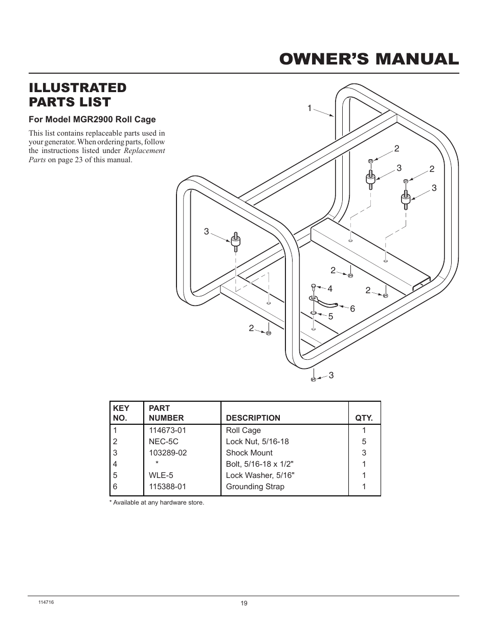 Owner’s manual, Illustrated parts list | Master Lock MGR2900 User Manual | Page 19 / 24