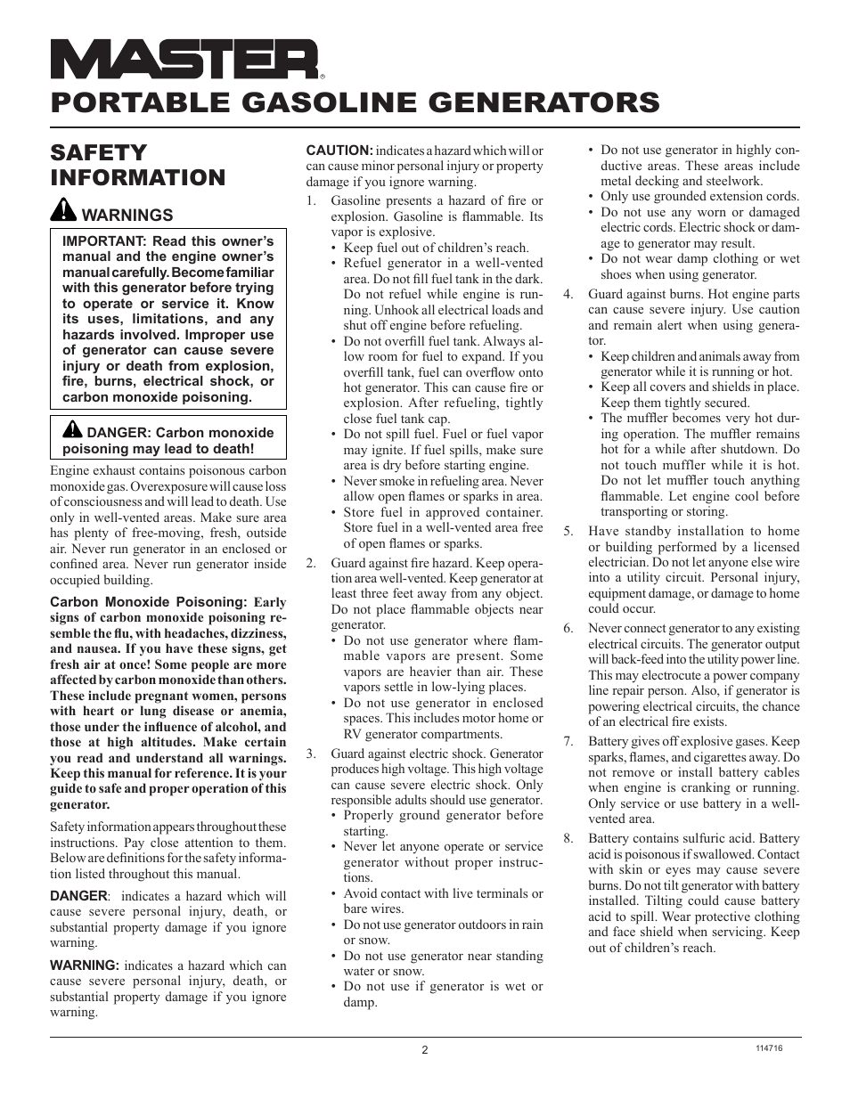 Portable gasoline generators, Safety information | Master Lock MGR2900 User Manual | Page 2 / 24