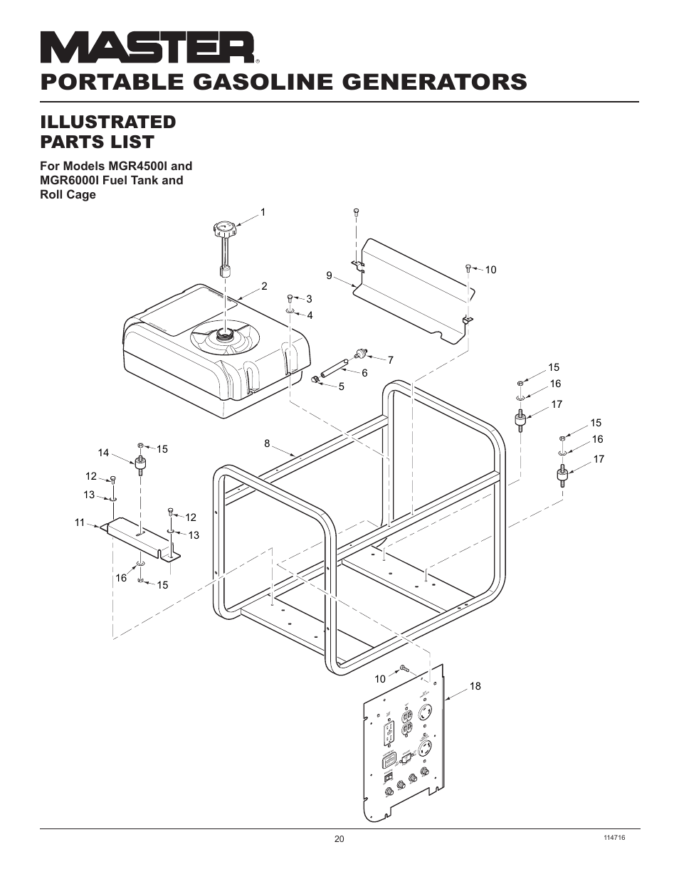 Portable gasoline generators, Illustrated parts list, Re se t te st | Ho ur s 1/ 10 | Master Lock MGR2900 User Manual | Page 20 / 24