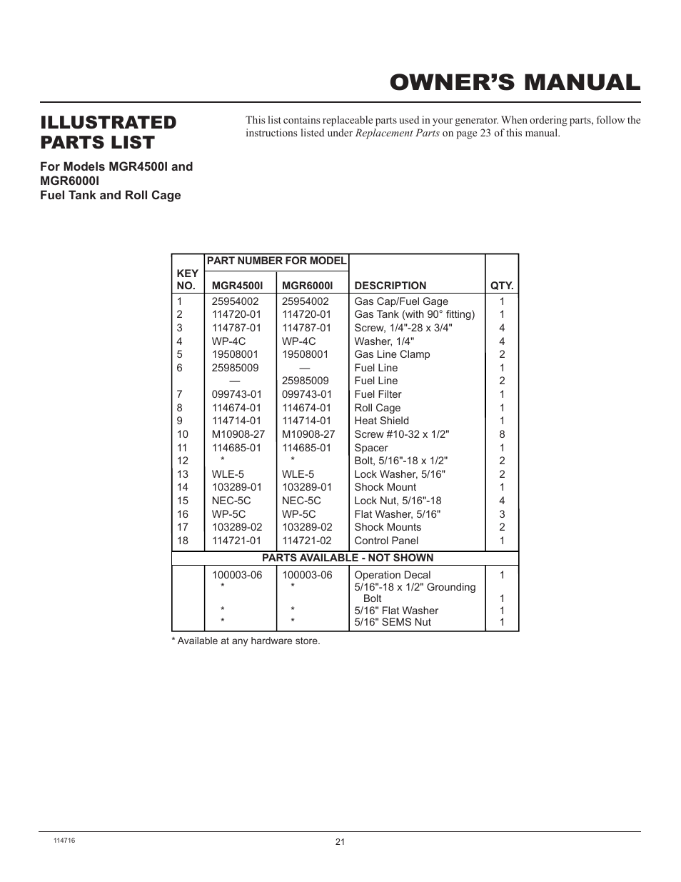 Owner’s manual, Illustrated parts list | Master Lock MGR2900 User Manual | Page 21 / 24