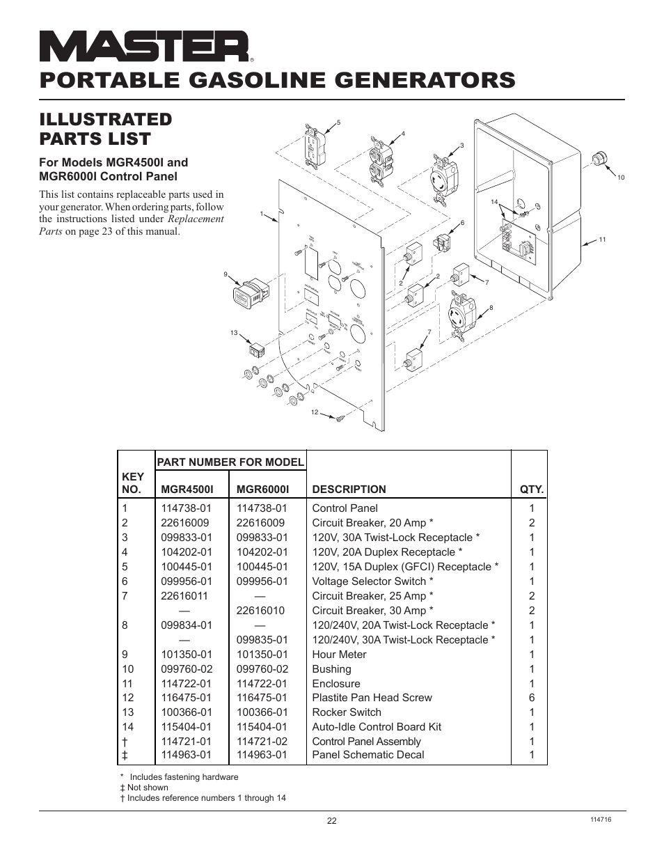 Portable gasoline generators, Illustrated parts list | Master Lock MGR2900 User Manual | Page 22 / 24
