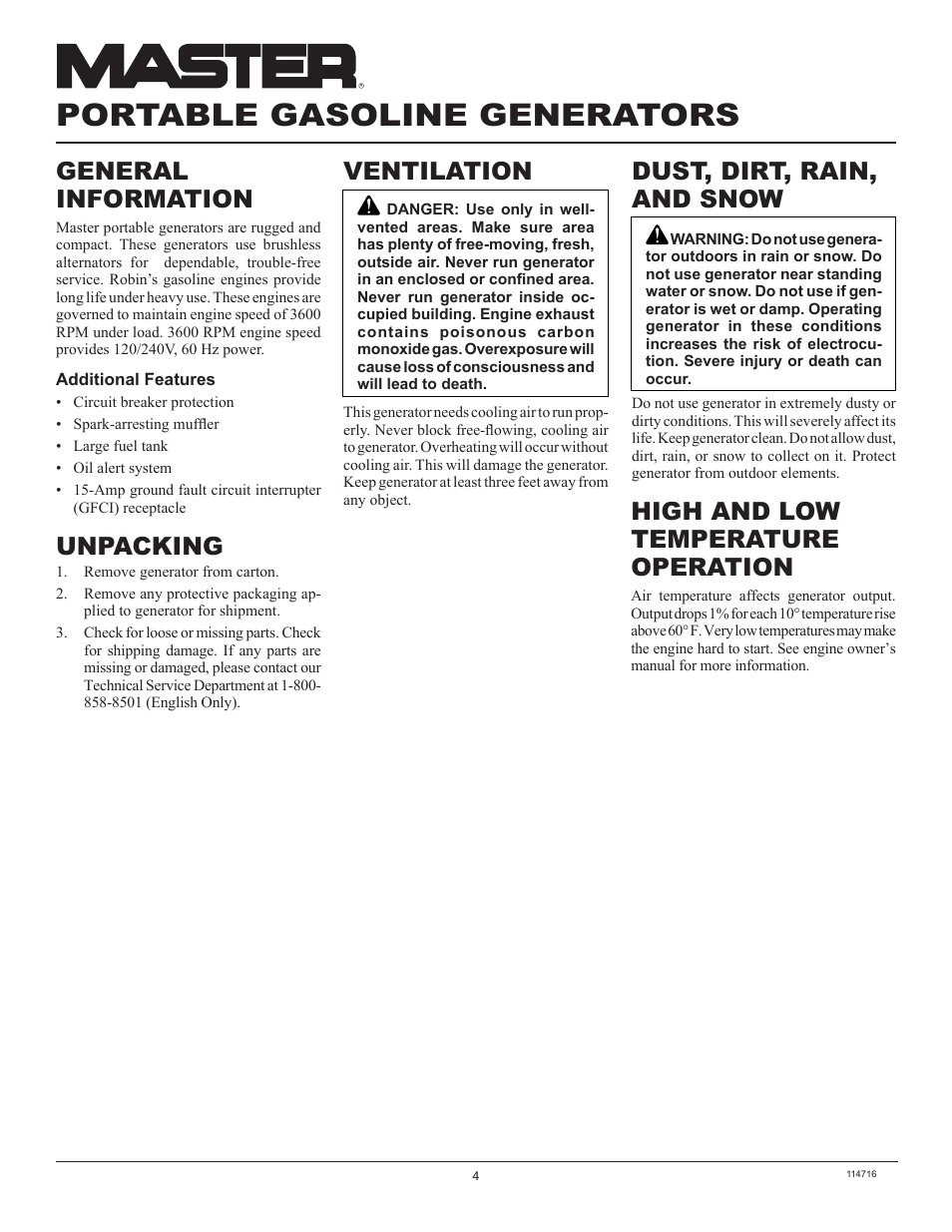 Portable gasoline generators, General information, Unpacking | Master Lock MGR2900 User Manual | Page 4 / 24