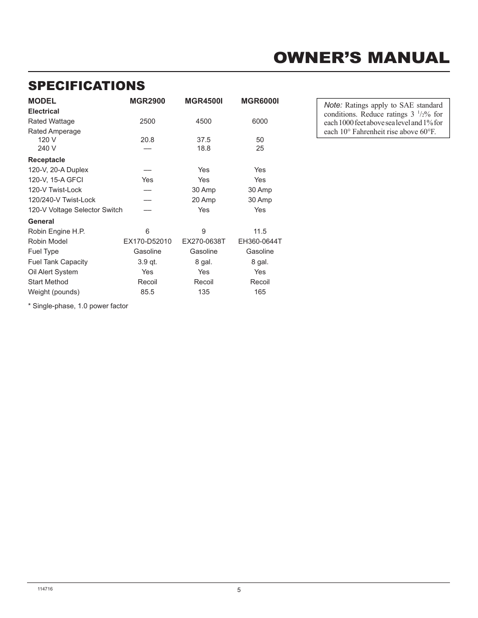 Owner’s manual, Specifications | Master Lock MGR2900 User Manual | Page 5 / 24