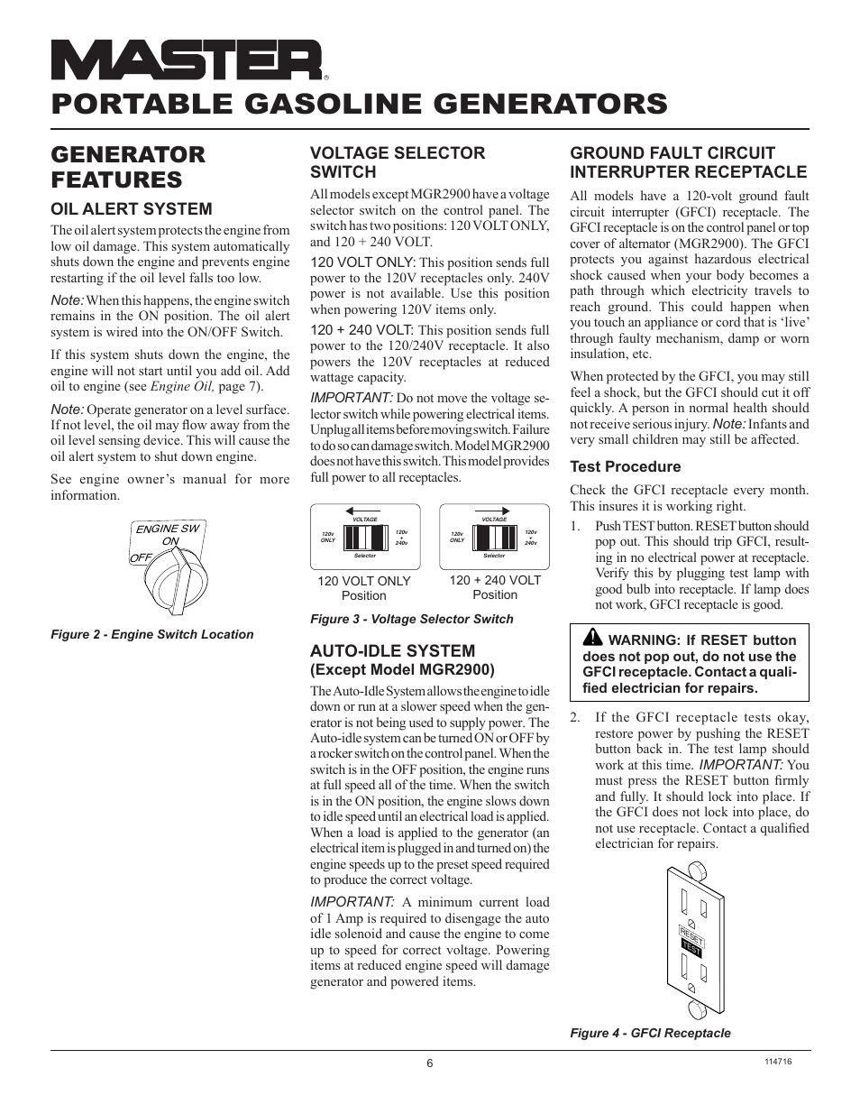 Portable gasoline generators, Generator features, Ground fault circuit interrupter receptacle | Oil alert system, Voltage selector switch, Auto-idle system | Master Lock MGR2900 User Manual | Page 6 / 24