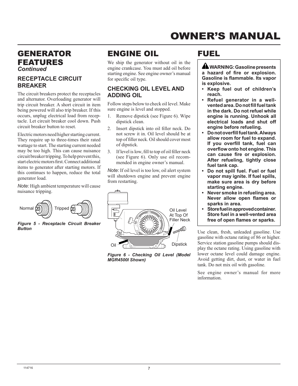 Owner’s manual, Engine oil, Fuel | Generator features | Master Lock MGR2900 User Manual | Page 7 / 24