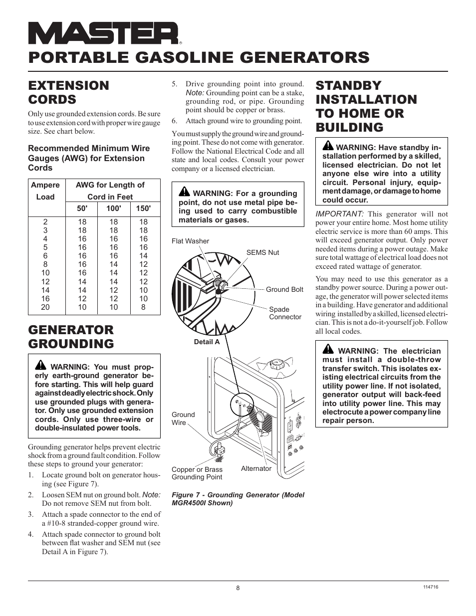 Portable gasoline generators, Standby installation to home or building, Generator grounding | Extension cords | Master Lock MGR2900 User Manual | Page 8 / 24