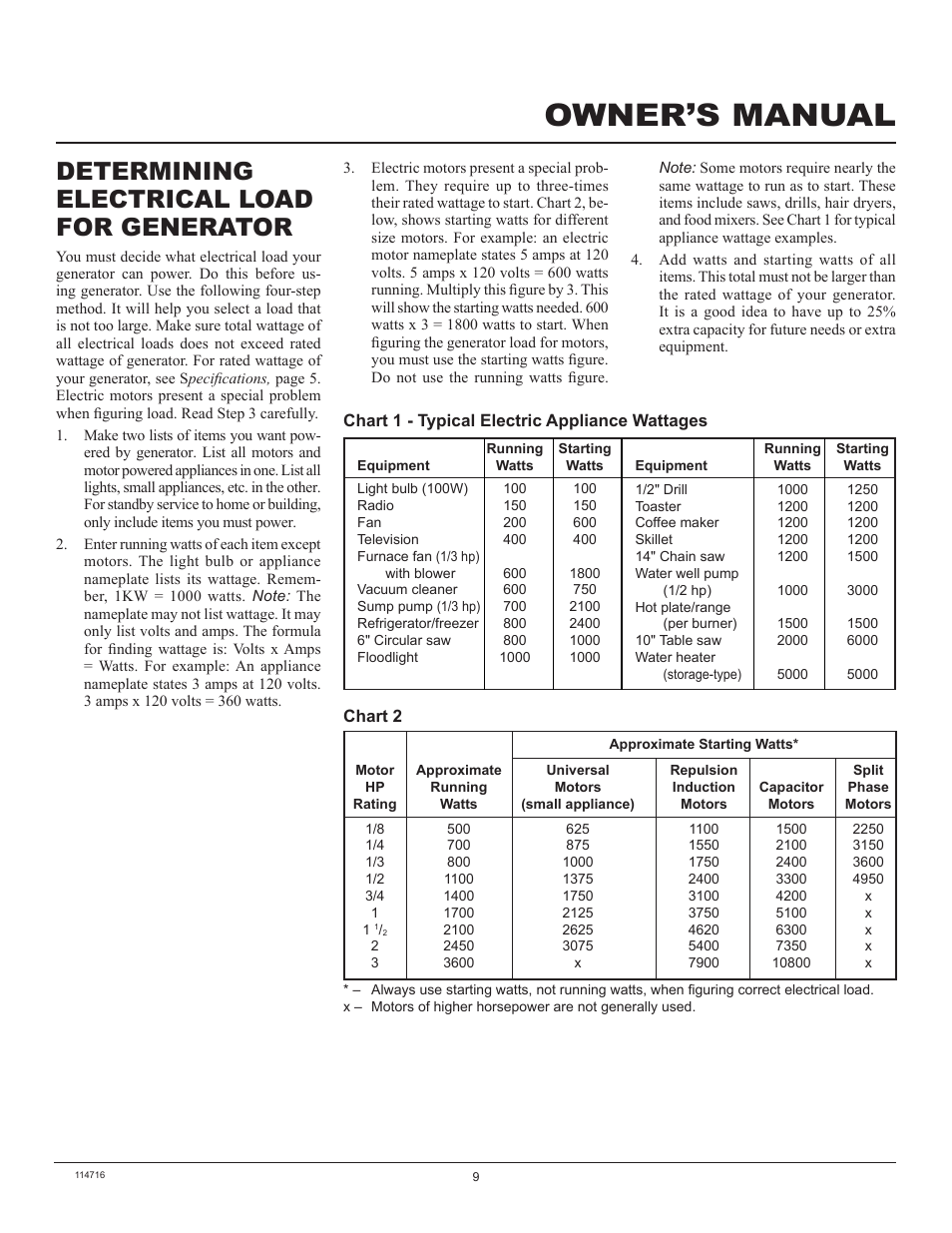 Owner’s manual, Determining electrical load for generator | Master Lock MGR2900 User Manual | Page 9 / 24