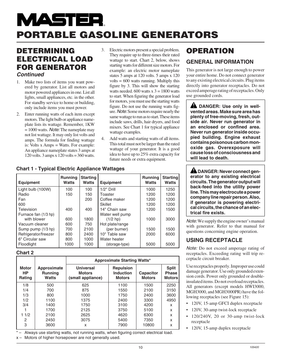 Portable gasoline generators, Operation, Determining electrical load for generator | Continued, General information, Using receptacle | Master Lock MGH3000PR User Manual | Page 10 / 28
