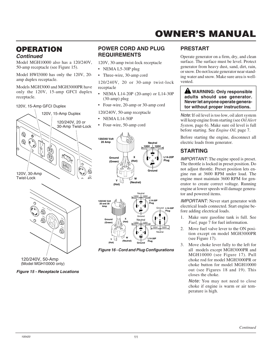 Owner’s manual, Operation, Continued | Power cord and plug requirements, Starting, Prestart, Figure 16 - cord and plug configurations continued | Master Lock MGH3000PR User Manual | Page 11 / 28