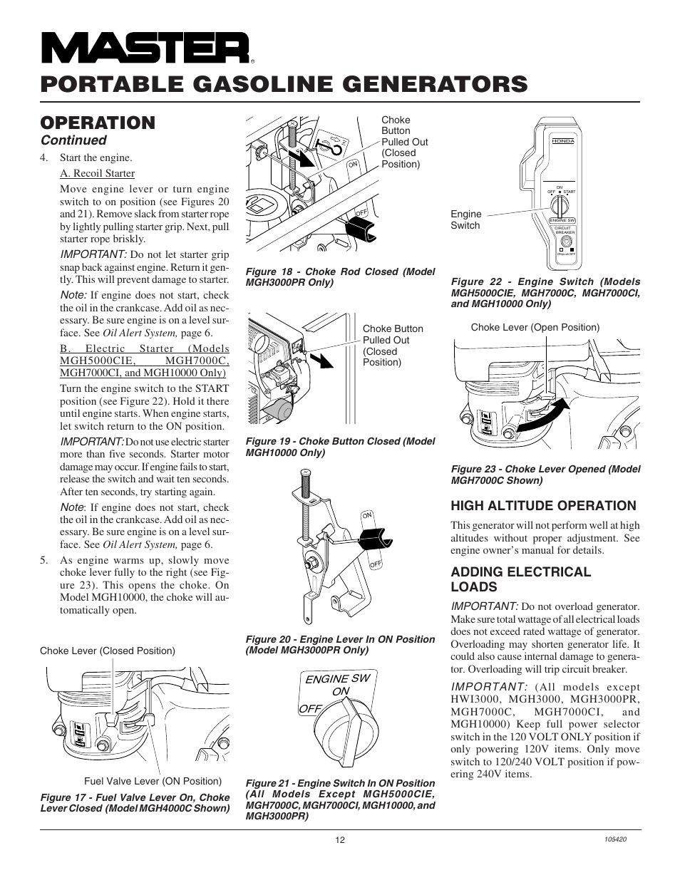 Portable gasoline generators, Operation, Continued | High altitude operation, Adding electrical loads | Master Lock MGH3000PR User Manual | Page 12 / 28