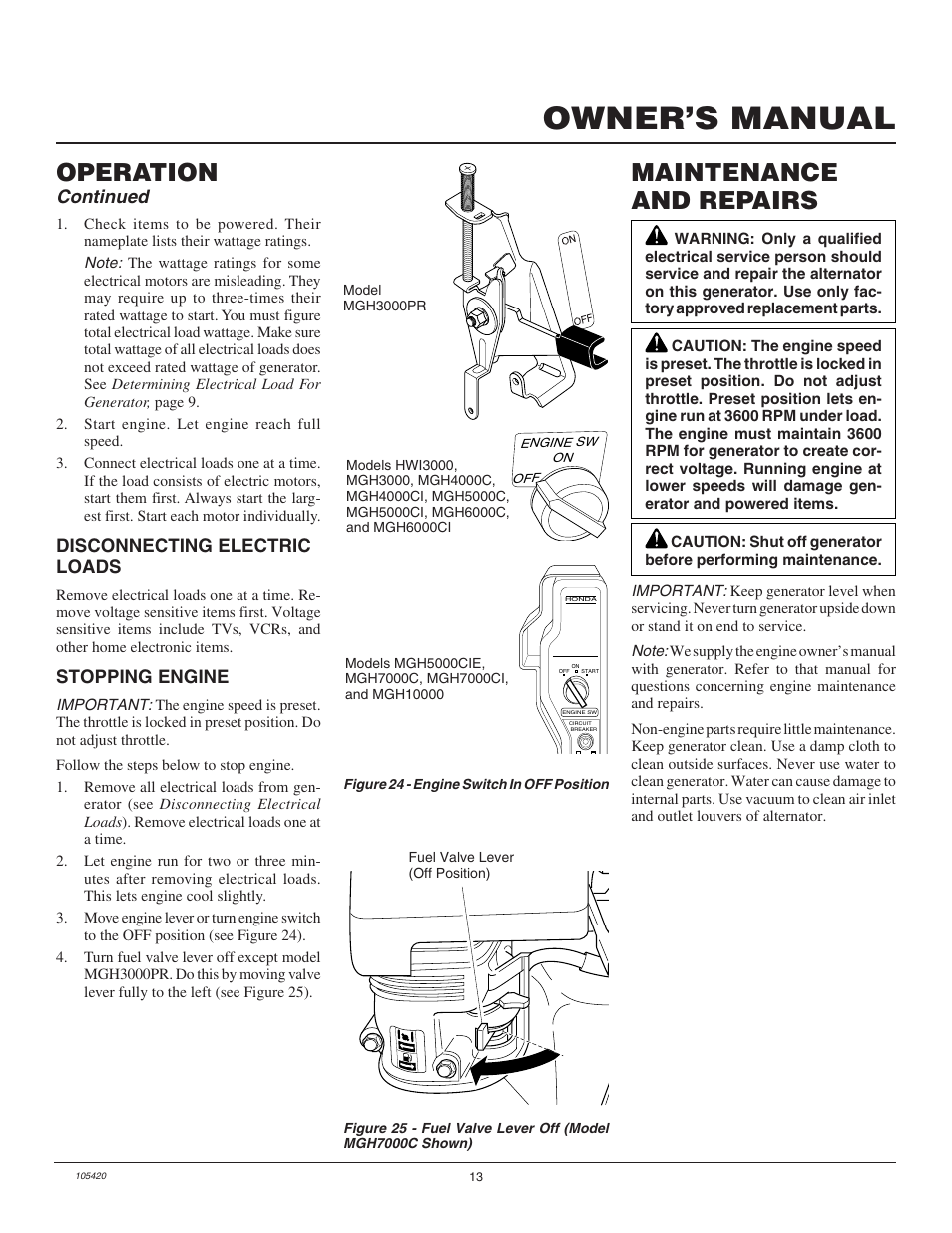 Owner’s manual, Operation, Maintenance and repairs | Continued, Disconnecting electric loads, Stopping engine | Master Lock MGH3000PR User Manual | Page 13 / 28