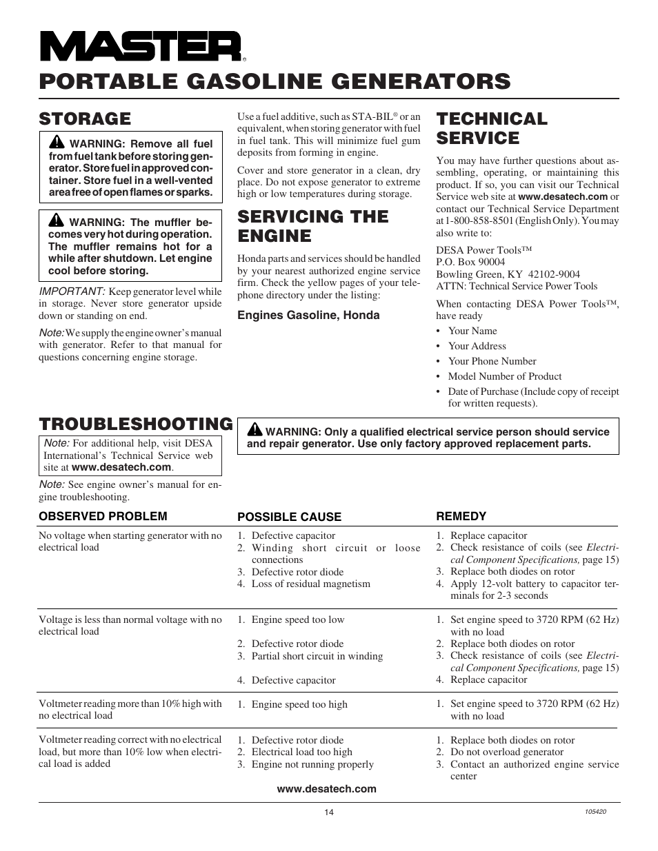 Portable gasoline generators, Storage, Troubleshooting | Servicing the engine, Technical service | Master Lock MGH3000PR User Manual | Page 14 / 28