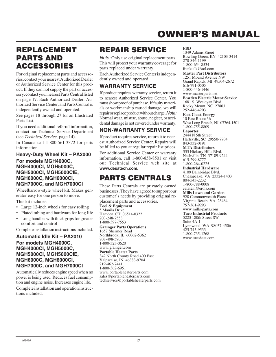 Owner’s manual, Parts centrals, Replacement parts and accessories | Repair service | Master Lock MGH3000PR User Manual | Page 17 / 28