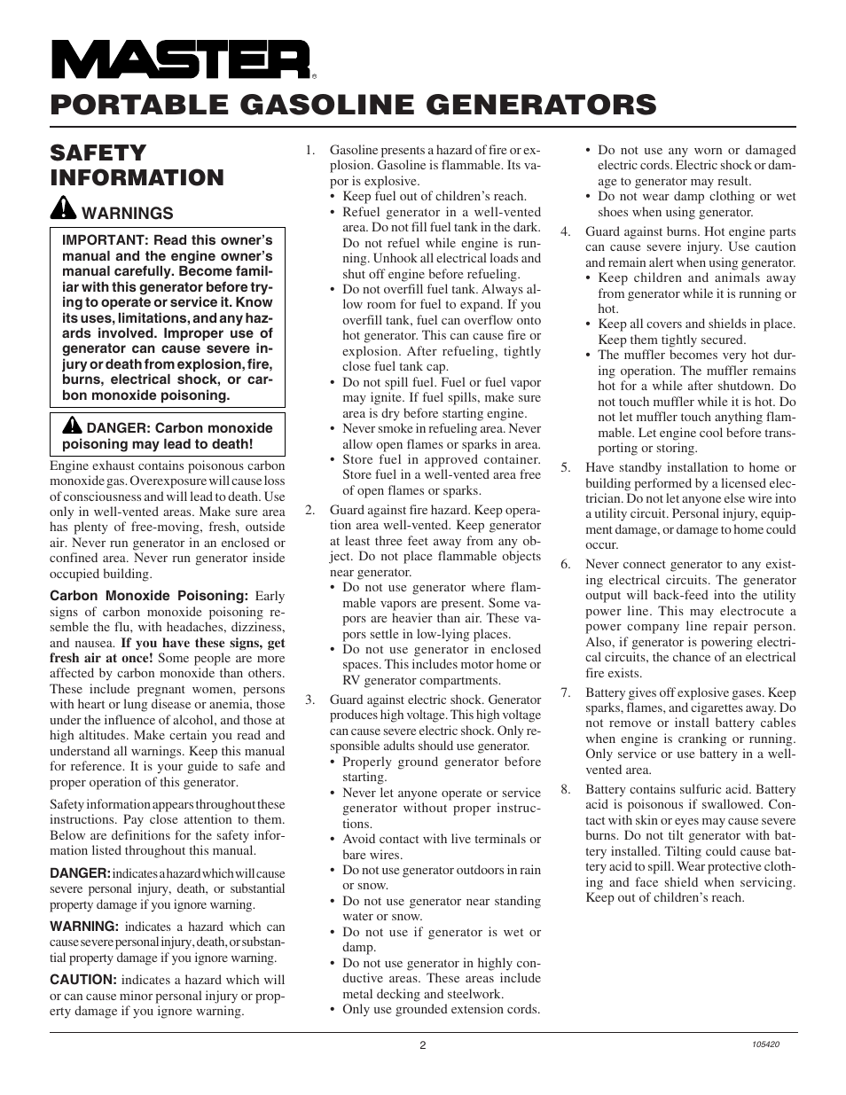 Portable gasoline generators, Safety information | Master Lock MGH3000PR User Manual | Page 2 / 28