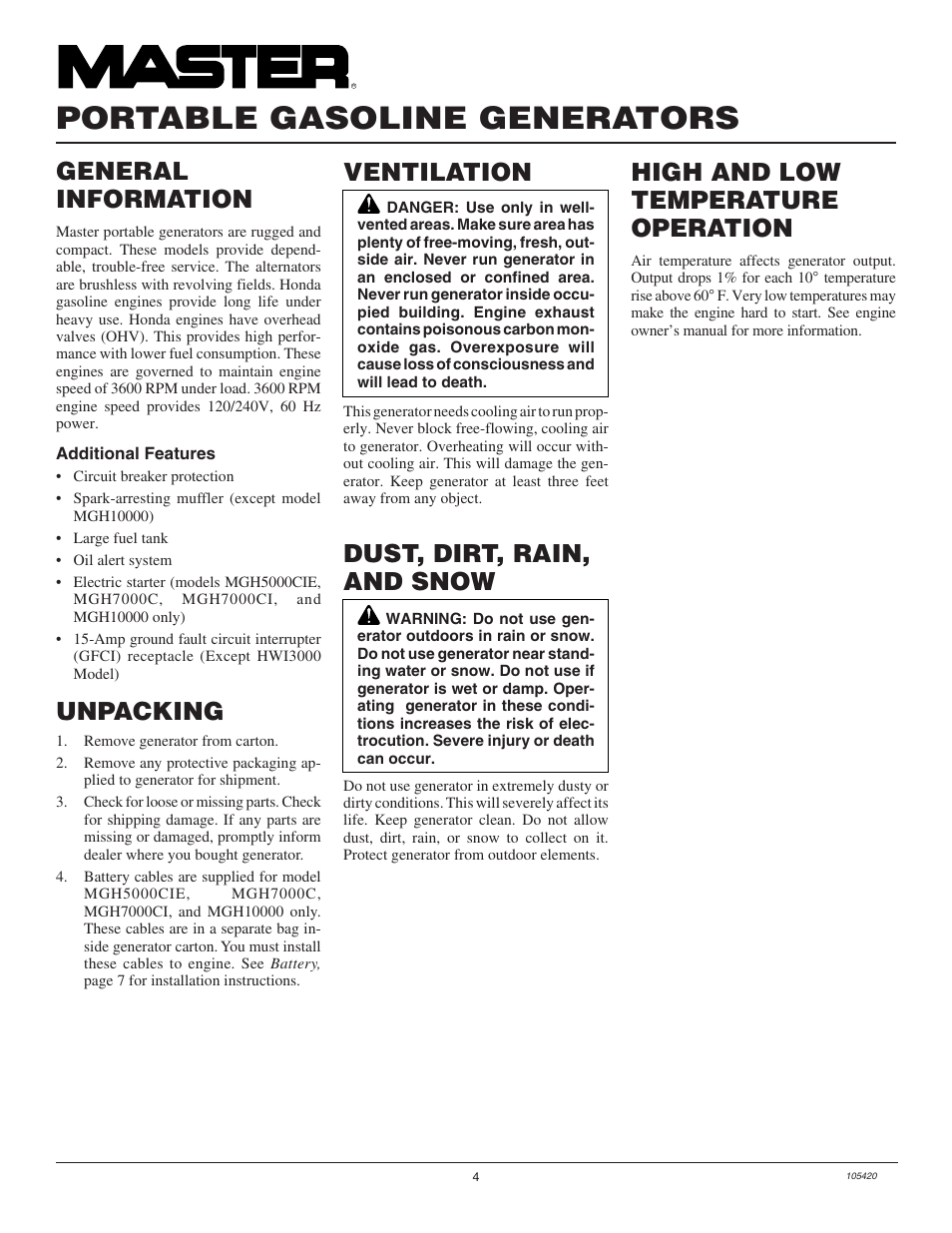 Portable gasoline generators, General information, Unpacking | Master Lock MGH3000PR User Manual | Page 4 / 28