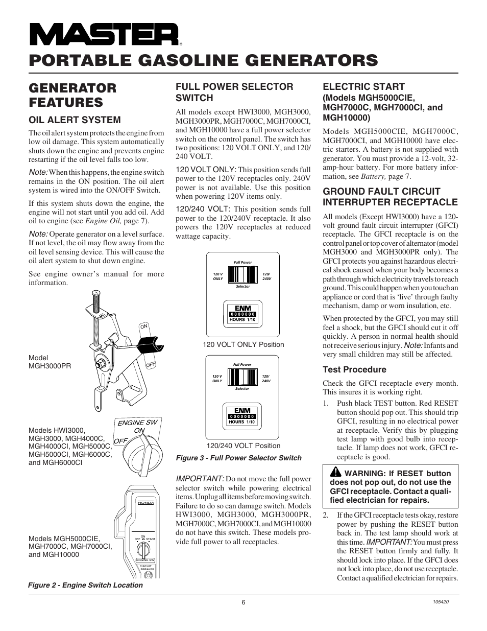 Portable gasoline generators, Generator features, Oil alert system | Full power selector switch, Electric start, Ground fault circuit interrupter receptacle, Test procedure | Master Lock MGH3000PR User Manual | Page 6 / 28
