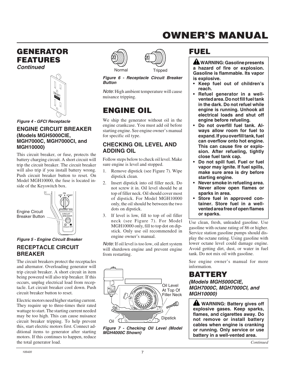Owner’s manual, Engine oil, Fuel | Generator features, Battery, Continued | Master Lock MGH3000PR User Manual | Page 7 / 28