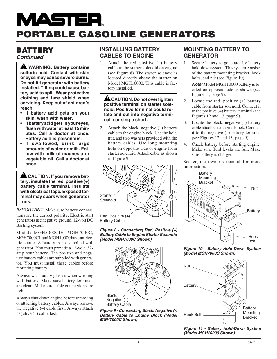 Portable gasoline generators, Battery, Continued | Master Lock MGH3000PR User Manual | Page 8 / 28