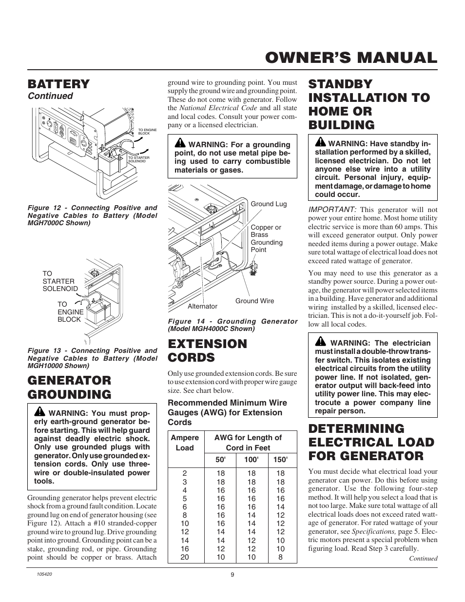 Owner’s manual, Battery, Generator grounding | Extension cords, Continued | Master Lock MGH3000PR User Manual | Page 9 / 28
