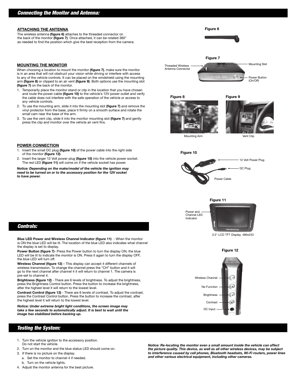 Testing the system, Controls, Connecting the monitor and antenna | Master Lock Datsen Back-up Camera 4843 User Manual | Page 2 / 3