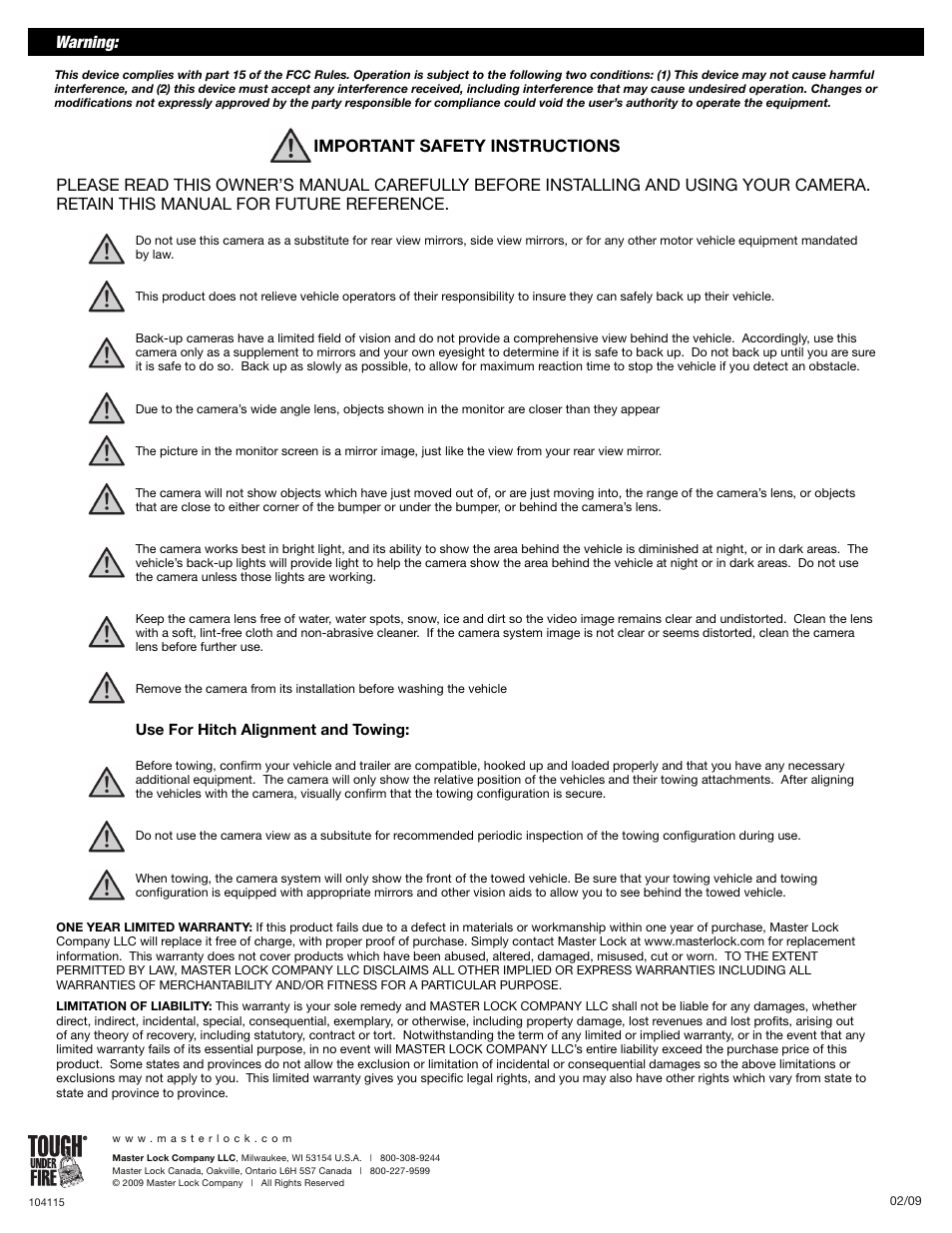 Important safety instructions, Warning | Master Lock Datsen Back-up Camera 4843 User Manual | Page 3 / 3