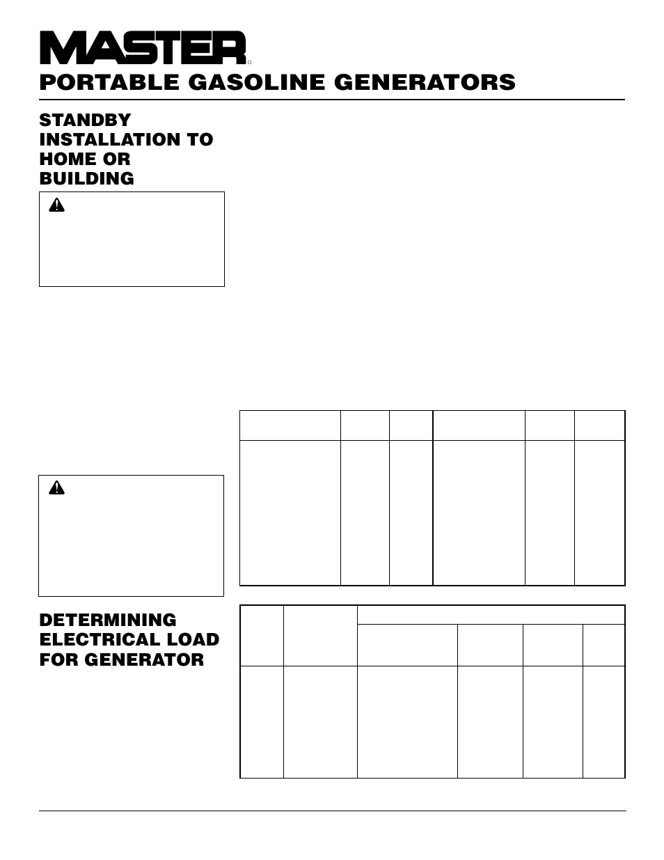 Portable gasoline generators, Standby installation to home or building, Determining electrical load for generator | Master Lock HWI3000  EN User Manual | Page 10 / 32