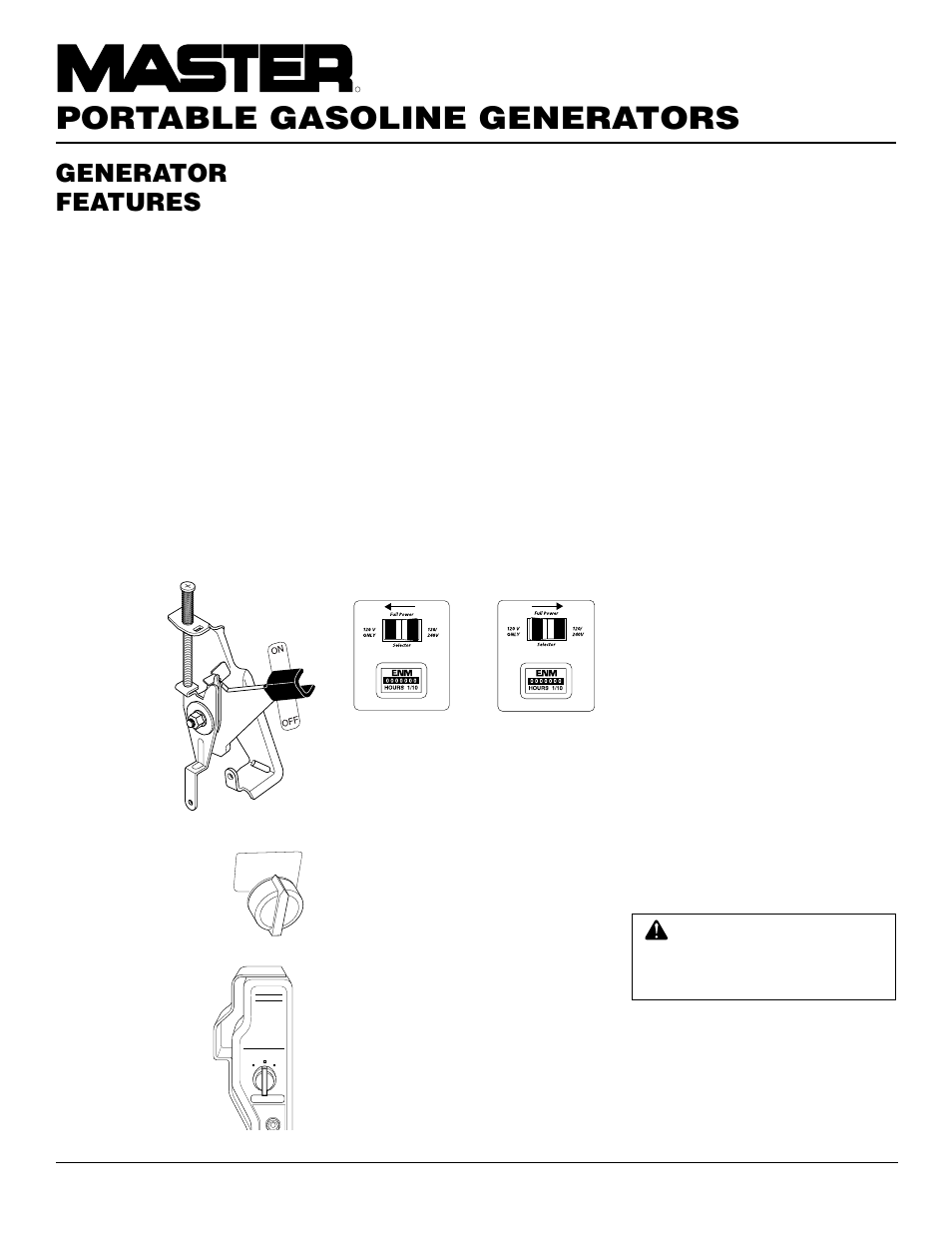 Portable gasoline generators, Generator features, Ground fault circuit interrupter receptacle | Oil alert system, Full power selector switch, Electric start, Auto-idle system | Master Lock HWI3000  EN User Manual | Page 6 / 32