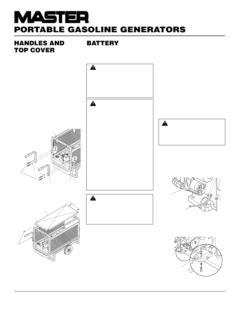 Portable gasoline generators, Battery, Handles and top cover | Master Lock HWI3000  EN User Manual | Page 8 / 32
