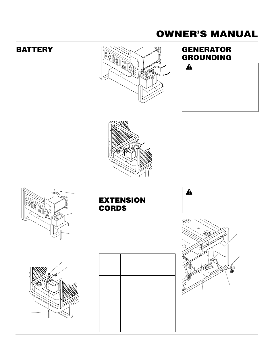 Owner’s manual, Battery, Generator grounding | Extension cords, Continued | Master Lock HWI3000  EN User Manual | Page 9 / 32