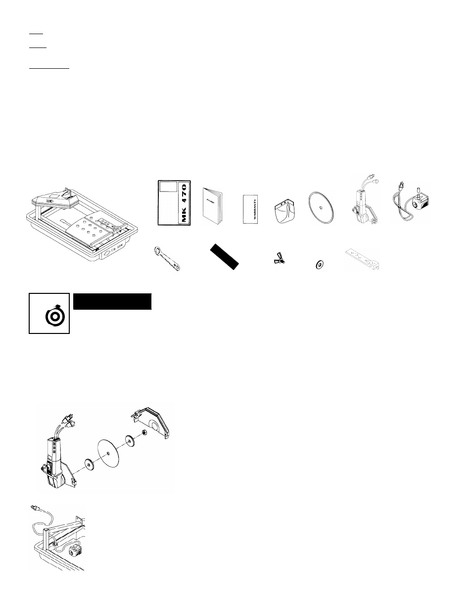 Unpacking and preparation, Initial assembly, Installing the cutting head | Installing the blade, Installing the water pump | Master Lock MK-470 User Manual | Page 4 / 12