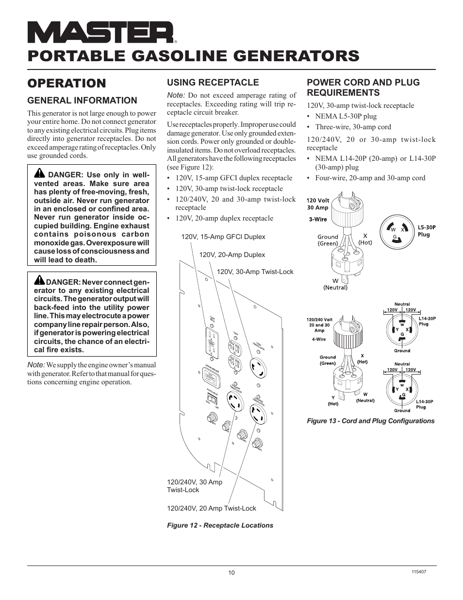 Portable gasoline generators, Operation, General information | Power cord and plug requirements, Using receptacle, Figure 13 - cord and plug conﬁgurations | Master Lock MGH8500IE User Manual | Page 10 / 24