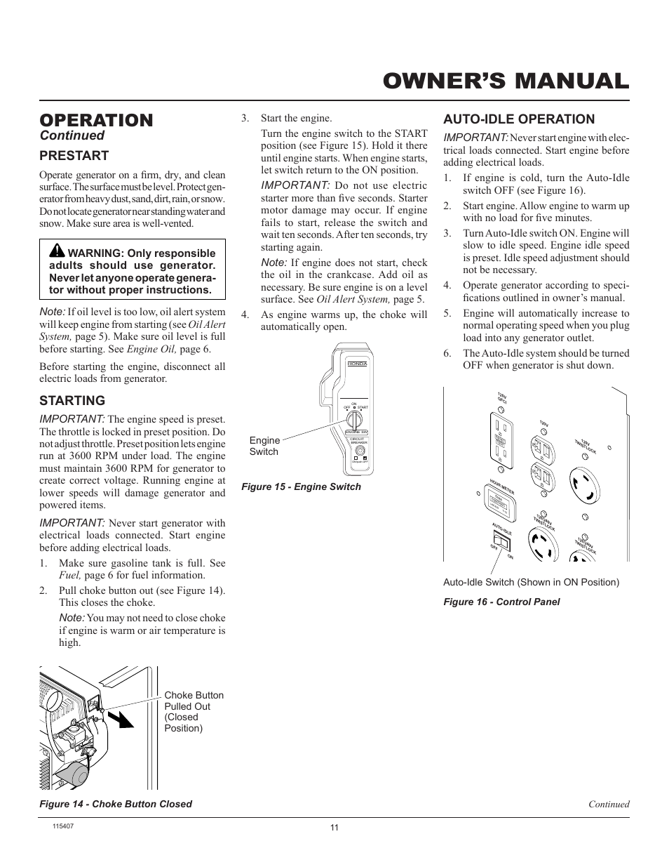 Owner’s manual, Operation, Continued | Starting, Prestart, Auto-idle operation | Master Lock MGH8500IE User Manual | Page 11 / 24