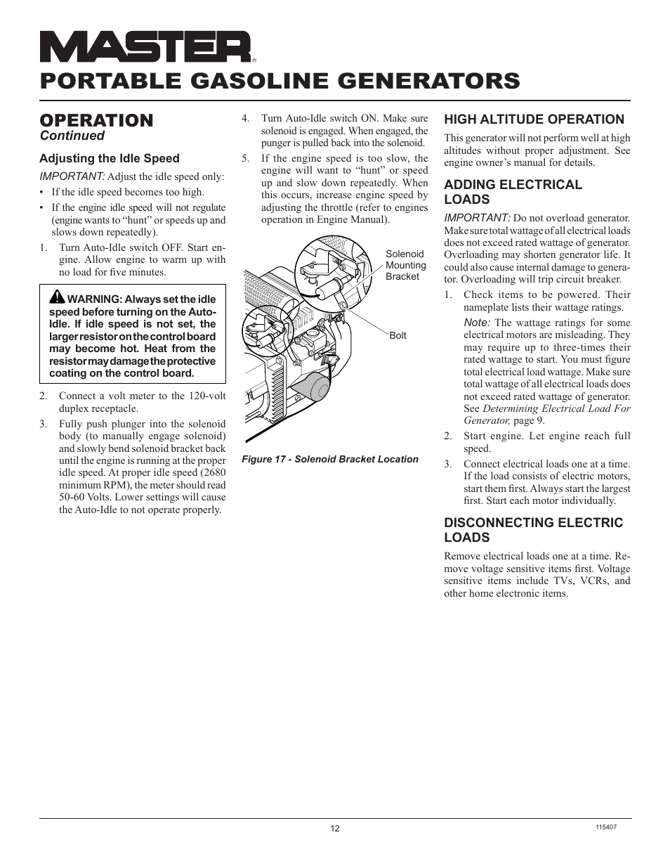Portable gasoline generators, Operation | Master Lock MGH8500IE User Manual | Page 12 / 24