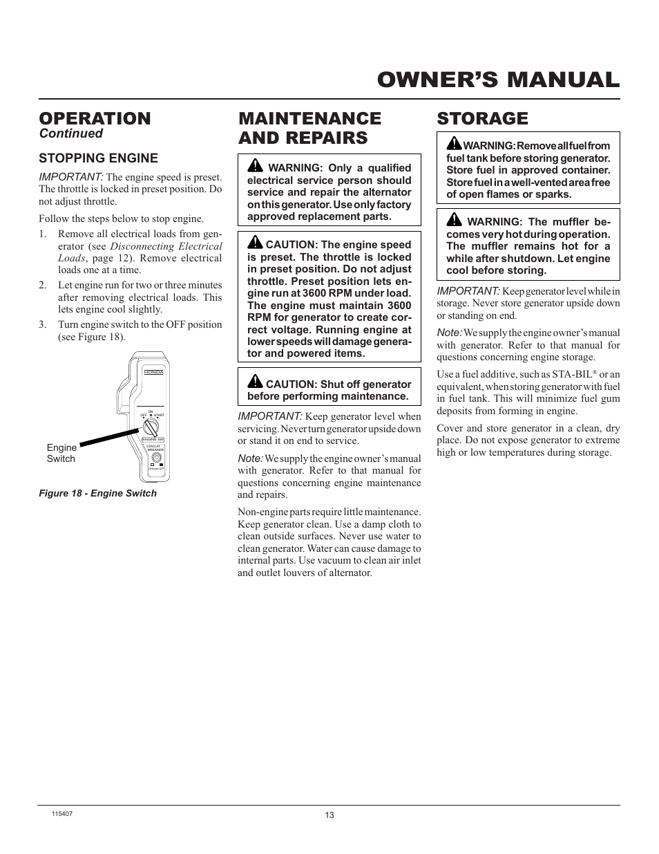 Owner’s manual, Maintenance and repairs, Operation | Storage, Stopping engine, Continued | Master Lock MGH8500IE User Manual | Page 13 / 24