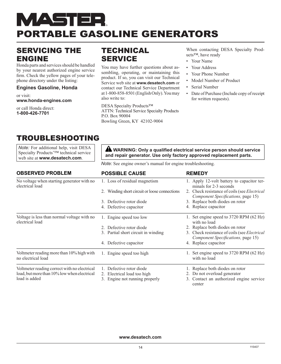 Portable gasoline generators, Troubleshooting, Technical service | Servicing the engine | Master Lock MGH8500IE User Manual | Page 14 / 24
