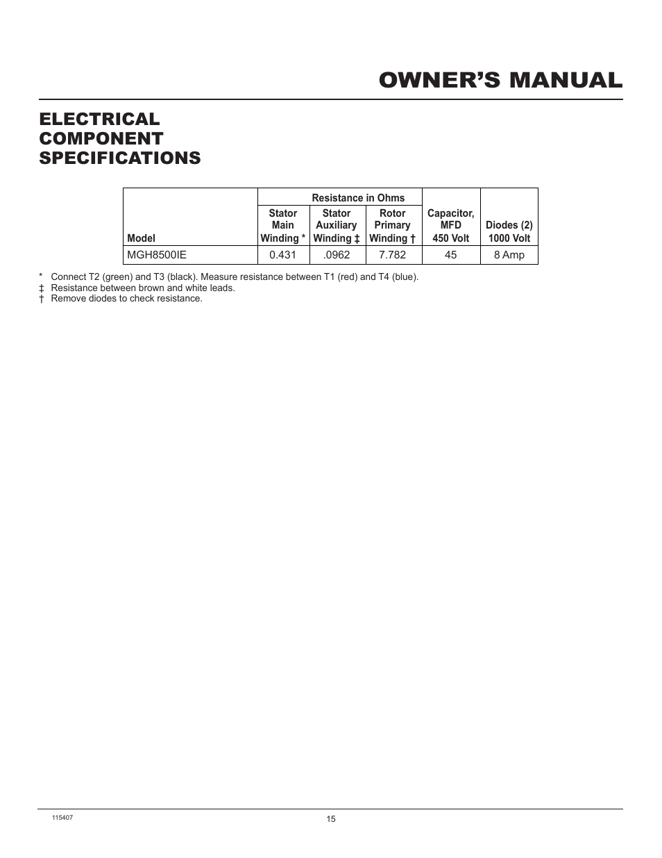 Owner’s manual, Electrical component specifications | Master Lock MGH8500IE User Manual | Page 15 / 24