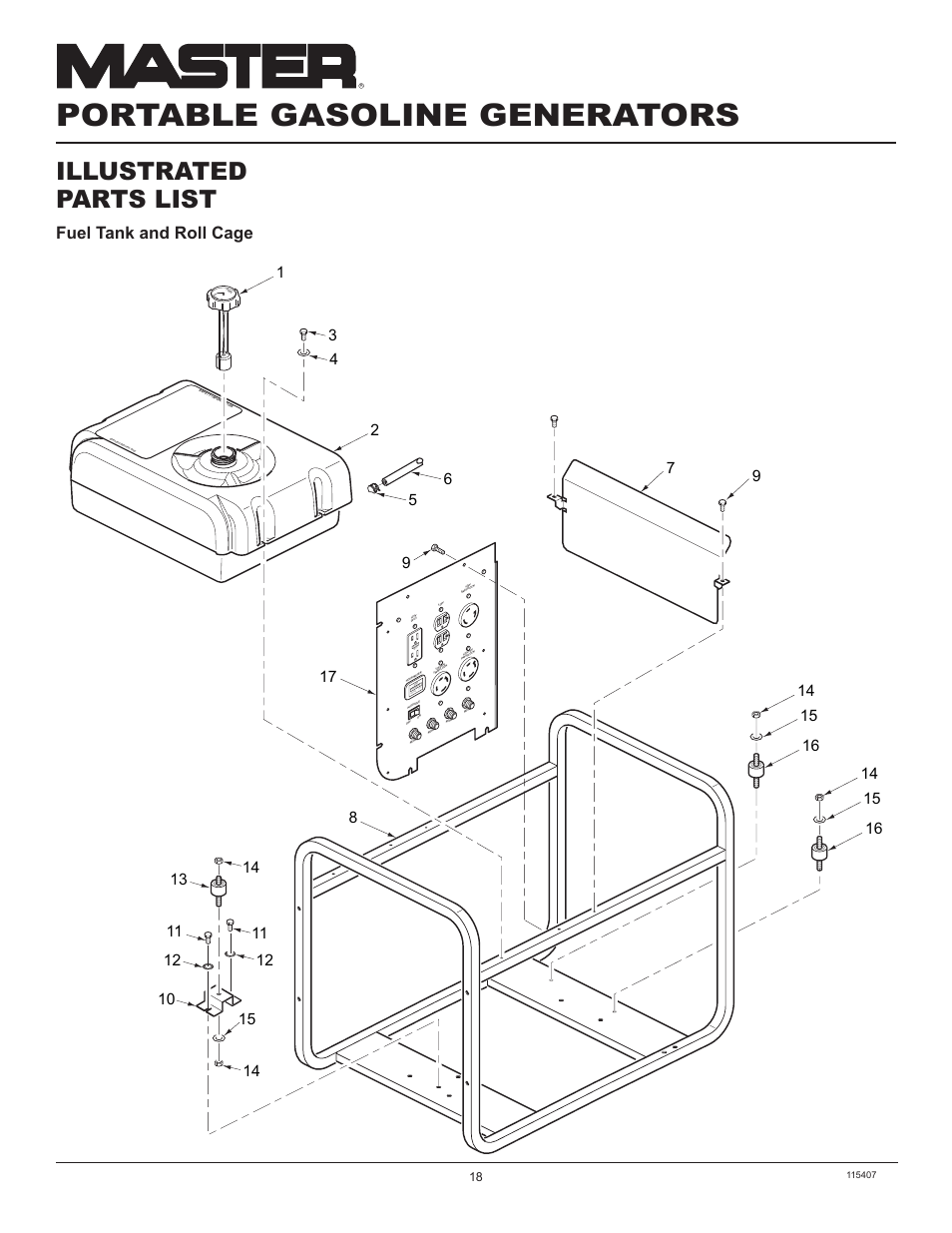 Portable gasoline generators, Illustrated parts list, Fuel tank and roll cage | Ho ur s 1/1 0 | Master Lock MGH8500IE User Manual | Page 18 / 24