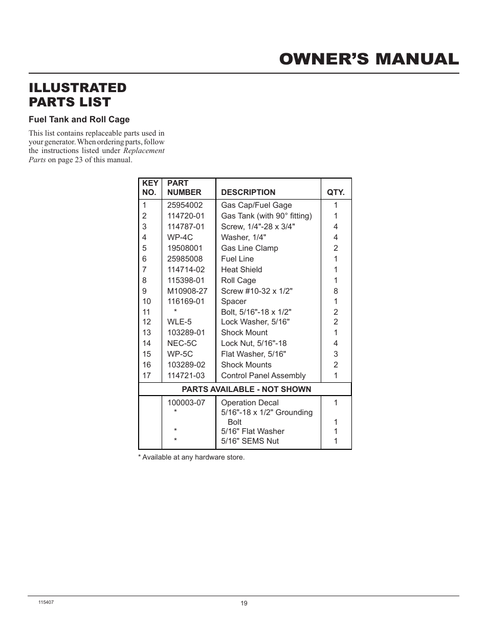 Owner’s manual, Illustrated parts list | Master Lock MGH8500IE User Manual | Page 19 / 24