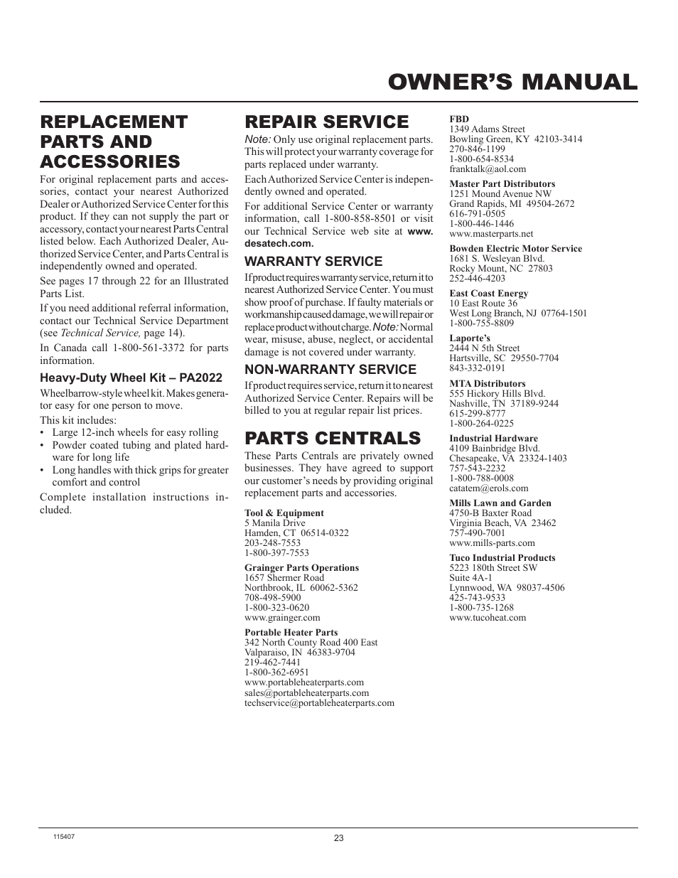 Owner’s manual, Parts centrals, Replacement parts and accessories | Repair service | Master Lock MGH8500IE User Manual | Page 23 / 24