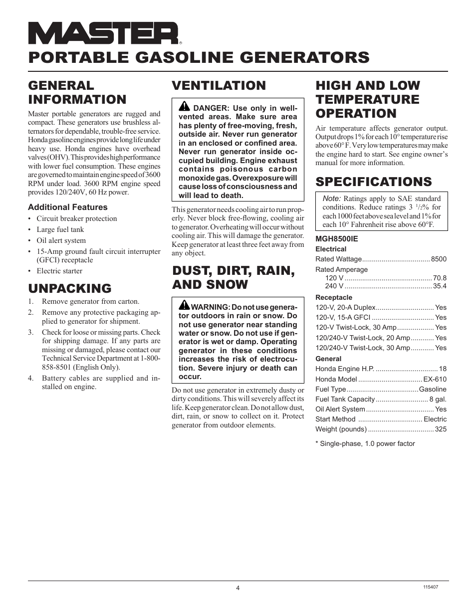 Portable gasoline generators, Specifications, General information | Unpacking | Master Lock MGH8500IE User Manual | Page 4 / 24